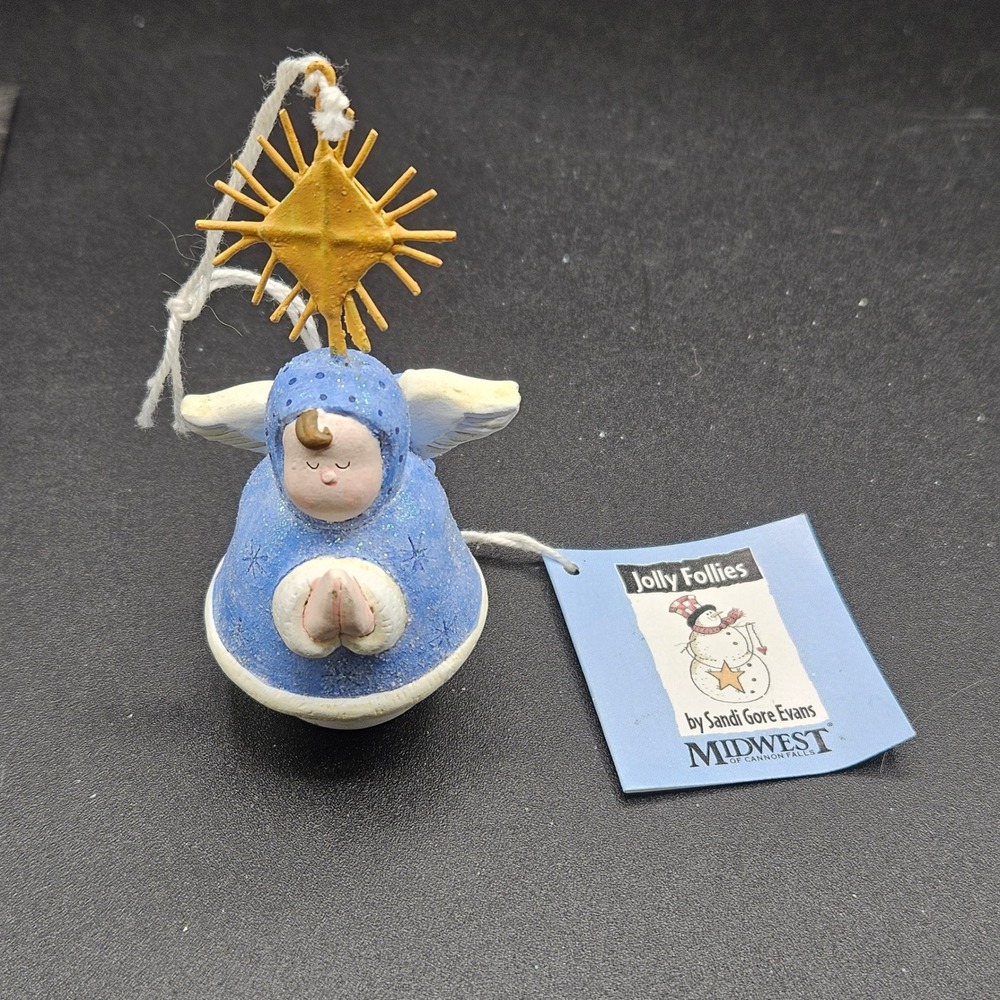 Midwest Jolly Follies Sandi Gore Evans Praying Angel Ornament Blue Gold 2000 - Picture 4 of 7